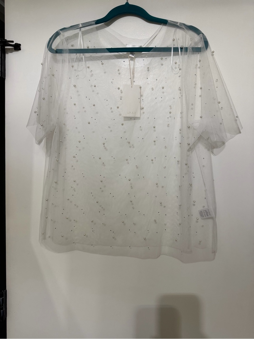 Love Sheer White Pearl and Rhinestone-Embellished Blouse